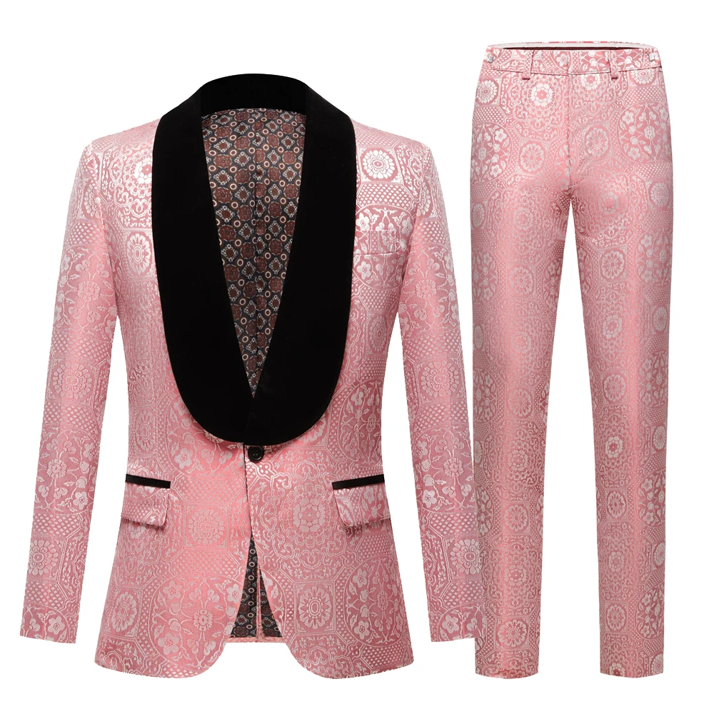 New Luxury Mens Wedding Black Lapel Suits Pink 2 Pieces Custom Groom Suit Dress Tuxedo Slim Fit Jacquard Blazer Jacket Pants Set