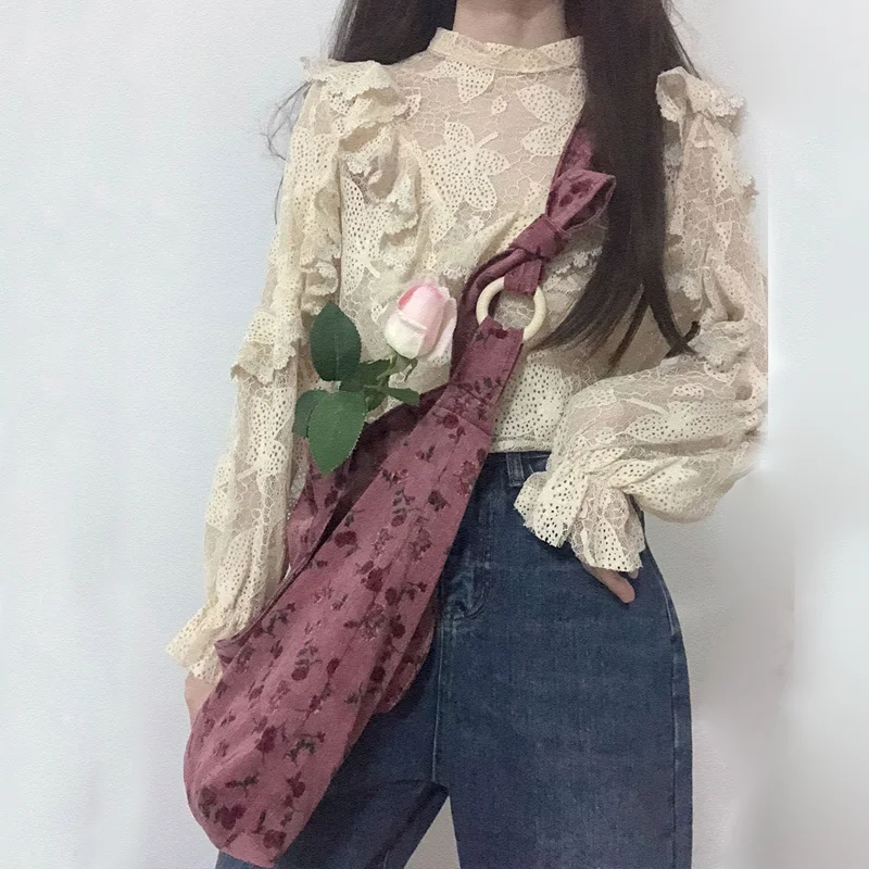 

Ins Casual Totes Female Corduroy Shoulder Cloth Bag Rose Flower Printing Fashion Messenger Bags Large Capacity Handbag