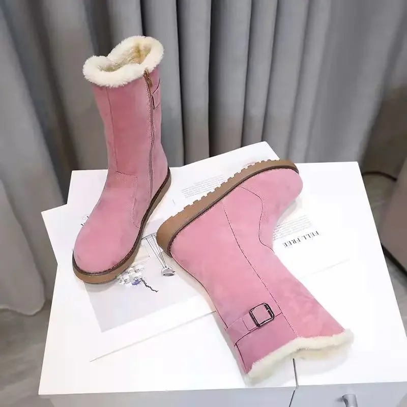 

Женские зимние сапоги с круглым носком, розовые элегантные сапоги на низком каблуке, женская обувь до середины икры, милые Полусапоги, реальная распродажа, Gyaru