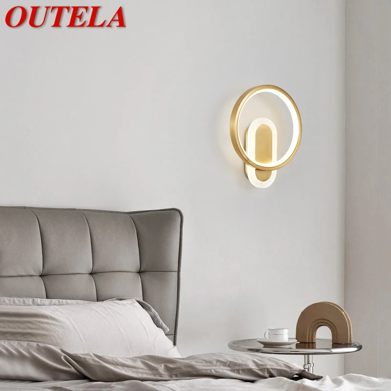 

OUTELA Contemporary Gold Brass Beside Lamp LED 3 Colors Simply Luxury Creative Copper Sconce Light for Aisle Bedroom Decor
