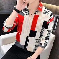 new mens ice silk mid sleeve shirt summer pullover slim fit lapel 34 sleeve shirt high quality viscose print t shirt