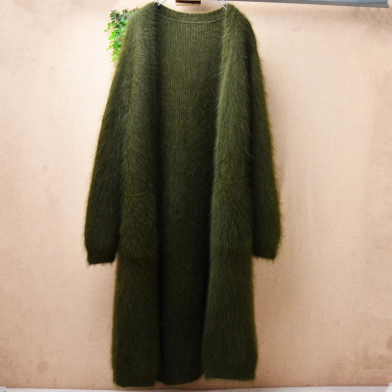 

Ladies Women Fall Winter Clothing Green Hairy Mink Cashmere Knitted Long Sweater Cardigans Mantle Angora Fur Coat Pull Tops