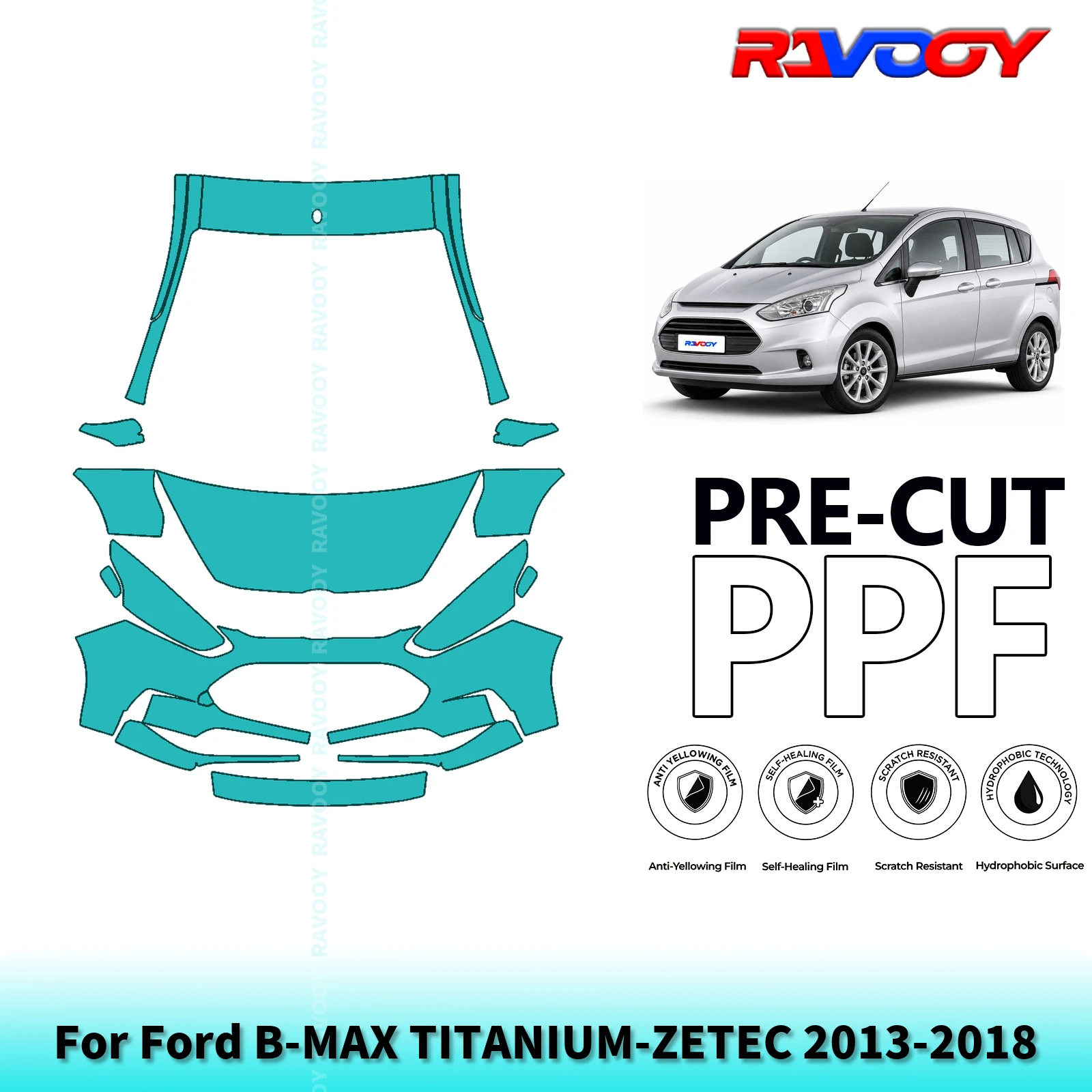 Фото Для Ford B-MAX TITANIUM-ZETEC 2013-2018 Частичная передняя защитная пленка PPF толщиной 8,5 мил, предварительно вырезанная, прозрачный комплект. |   Прозрачный/Матовый/Чёрный №1