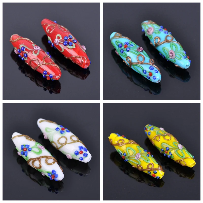 5pcs 43mm Oval Rugby Handmade Flower Lampwork Glass Loose Crafts Beads For Jewelry Making DIY Findings