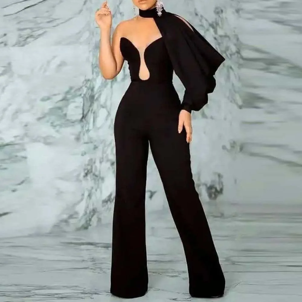 

Jumpsuit Asymmetric Off The Shoulder Round-Neck Empire Wide Leg Jumpsuits Black Strapless Long Pants Straight Female Clothes
