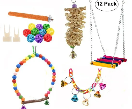 

Bird Toys Set Swing Chewing Training Toys Small Parrot Hanging Hammock Ball Parrot Cage Bell Perch Toys with Ladder