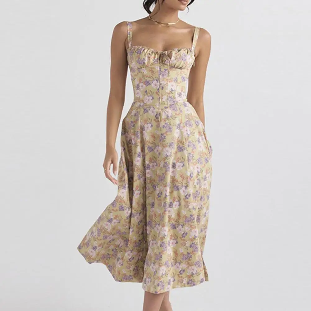 

Ladies Low-cut Dress Flower Print Backless Midi Dresses for Women High Waist High Split for Parties Proms Beach Days High
