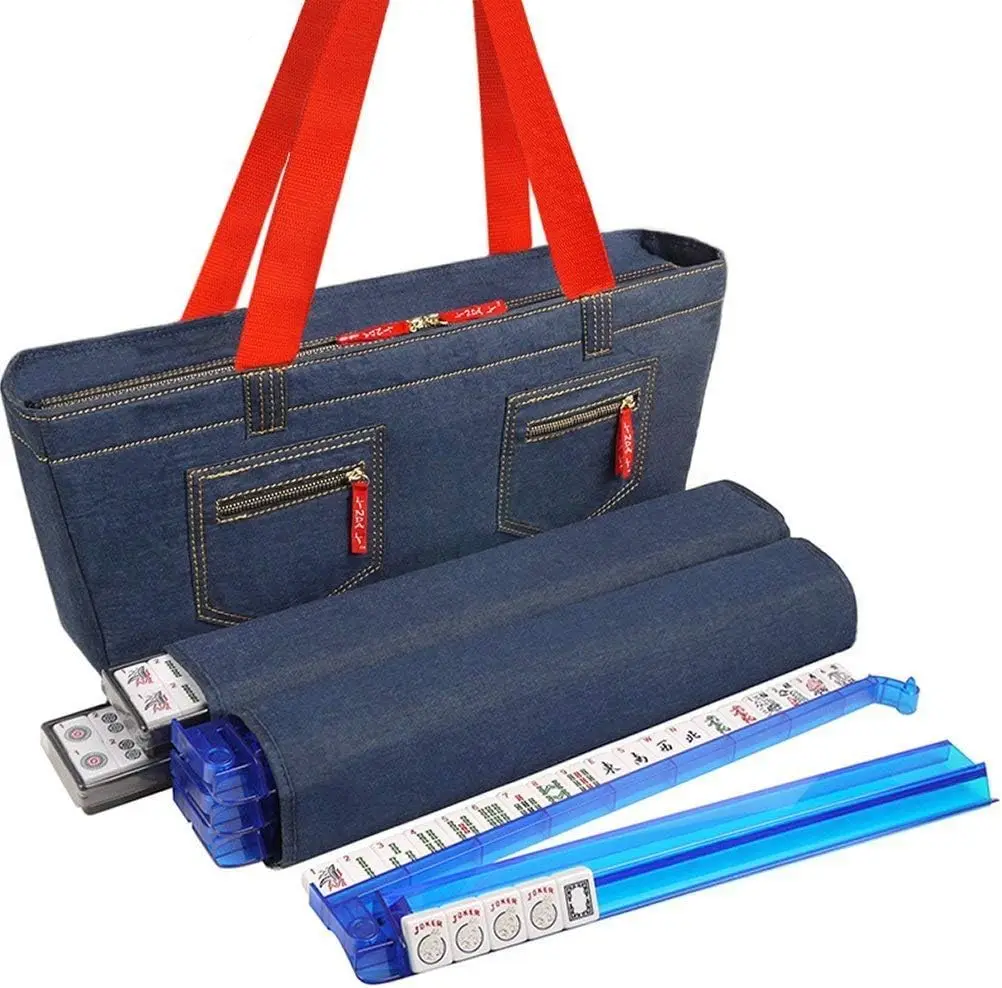 

New! - American Mah Jongg Set 166 Premium White Tiles, 4 All-in-One Rack/Pushers, Denim Blue Soft Bag - Stylish Full Size Comple