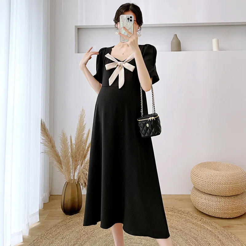 

Maternity Dress Summer Dress Korean Style Short-sleeved Bow All-match 2022 New Black Clothes for Pregnant Women Fashion Elegant