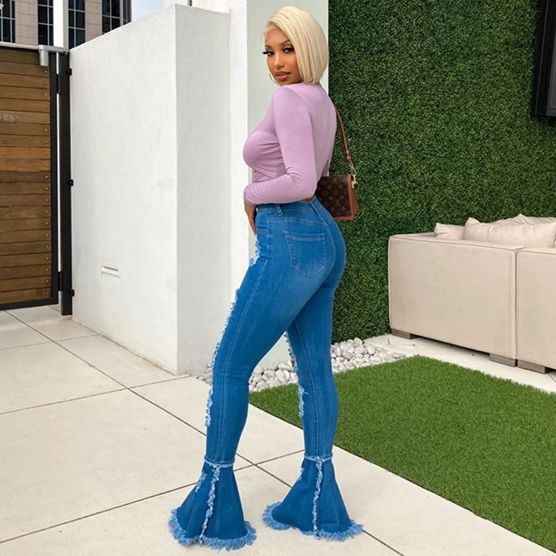 Women Sexy Casual Hollow Out Solid Jeans High Waist Blue Flare Pants Female Skinny Basic Streetwear Bodycon All-Match Trousers