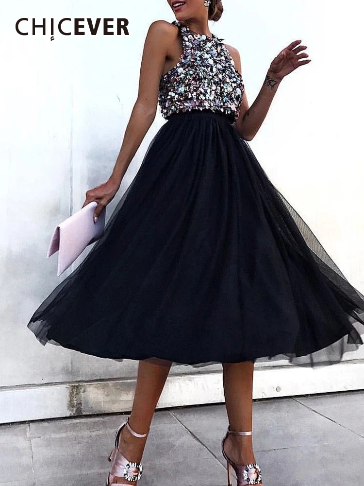 Женское вечернее платье-миди CHICEVER, с круглым вырезом, без рукавов, с открытыми плечами, с блестками, на талии, в стиле пэчворк