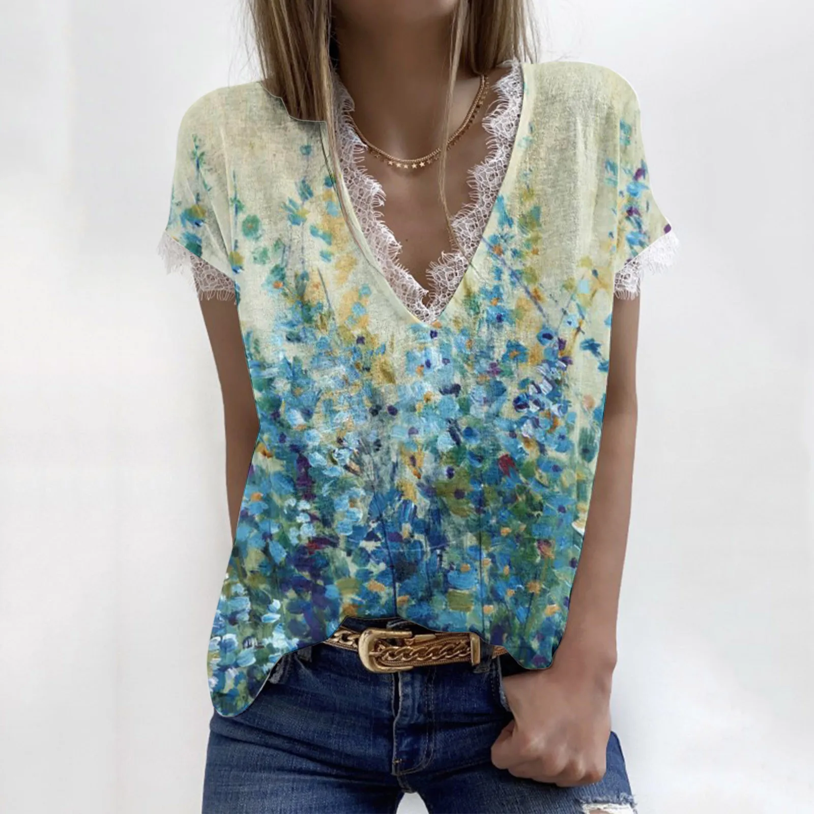 

Vintage Tops Summer Floral V Neck Short Split T Tee Blouse Tunic Loose Womens Printed Elegant Daily Shirt Women T Shirts Summer