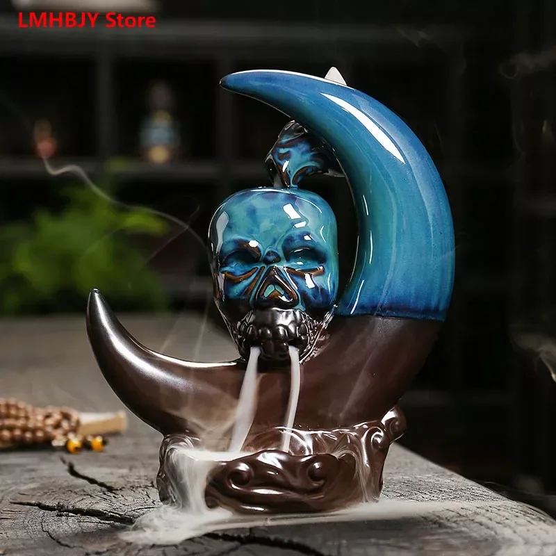 

Regression Ceramic Aromatherapy Burner Ornaments Creative Blue Moon Halloween Skull Head Reverse Incense Burner Ornaments