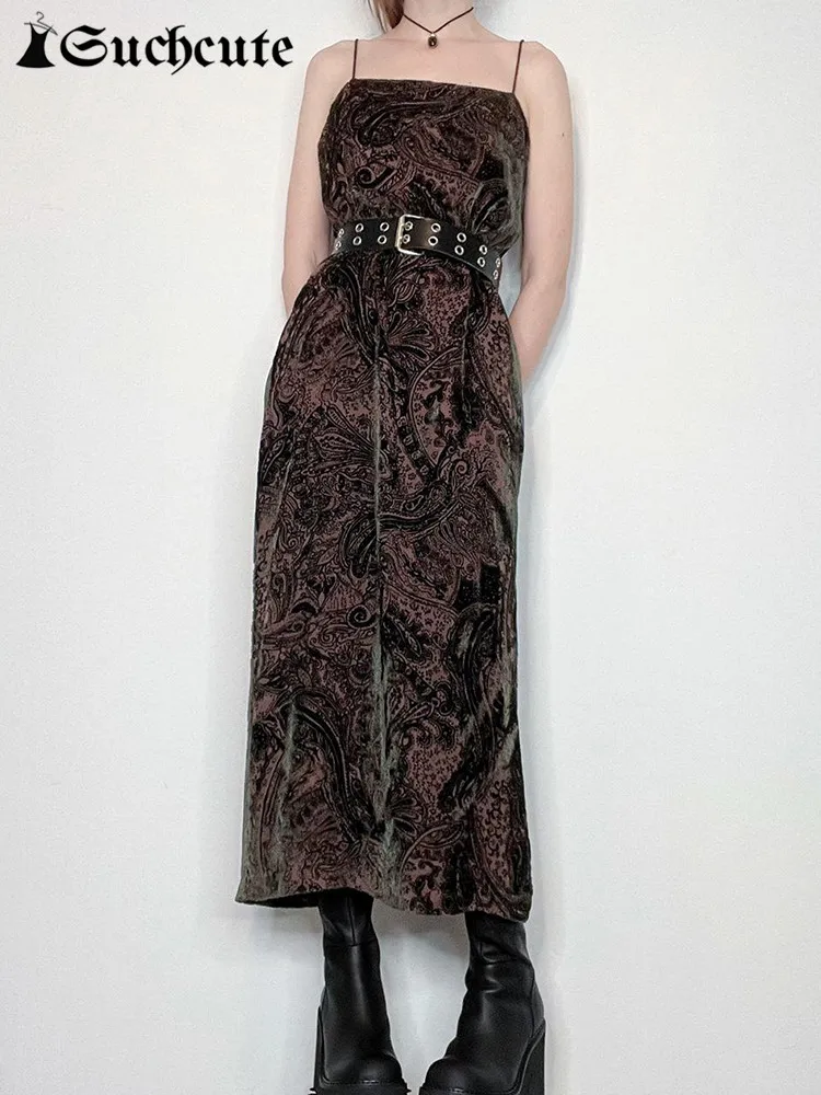 

SUCHCUTE Harajuku Floral Print Midi Dress Women Dark Academia Split Long Dresses Gothic Streetwear Sleeveless Loose 90s Clothes