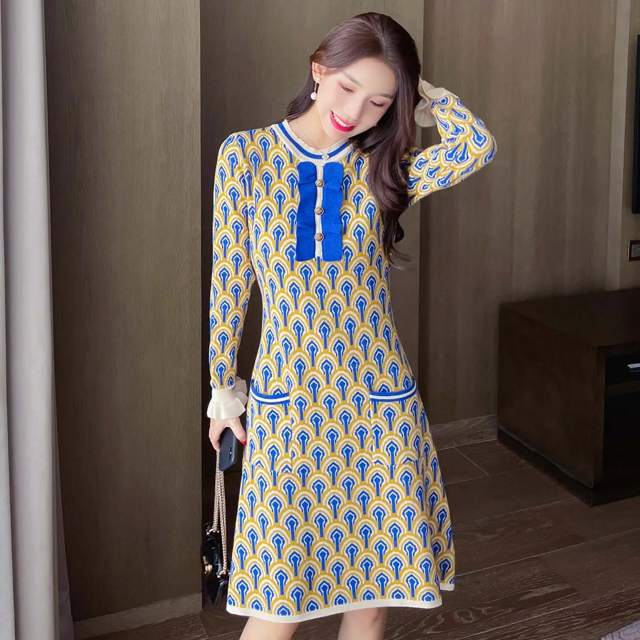 

2022 Knitting Party Women's Dress Summer Printing O-neck A-LINE Long Sleeve Elegant High Waist Female Clothing Office Lady