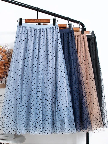 3 Layers Tulle Midi Skirts Womens 2023 Summer Elastic High Waist Mesh Tutu Pleated Skirts Female Polka Dot Long Skirt Streetwear