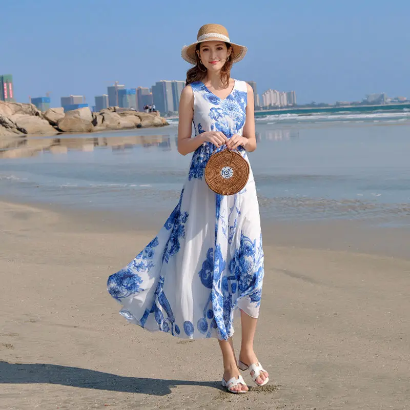 

Women 2022 Summer New Fashion Print V Neck Midi Dress Female Floral Sleeveless Chiffon Dresses Elegant Casual Beach Vestido K15