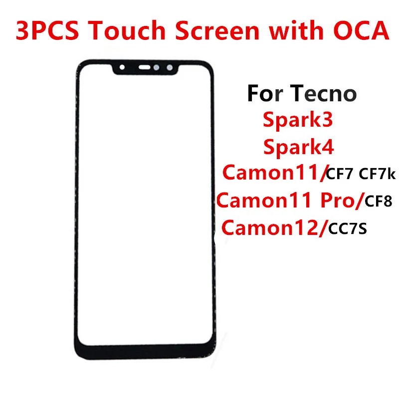 Передний экран для Tecno Spark 3 4 Camon 12 CC7S 11 Pro CF7 CF8, сенсорная панель, ЖК-дисплей, стекло, запасная часть для ремонта + OCA, 3 шт.
