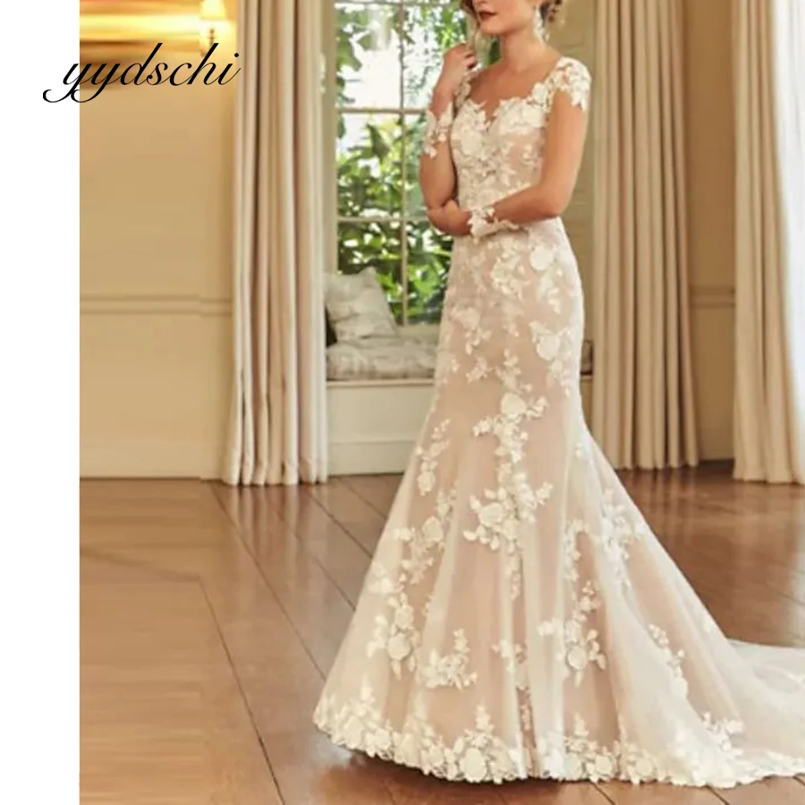 

Exquisite V-Neck Wedding Dress Lace Applique Floor Length Sexy Classic Illusion Short Sleeve Bridal Court Train Sheath Dress