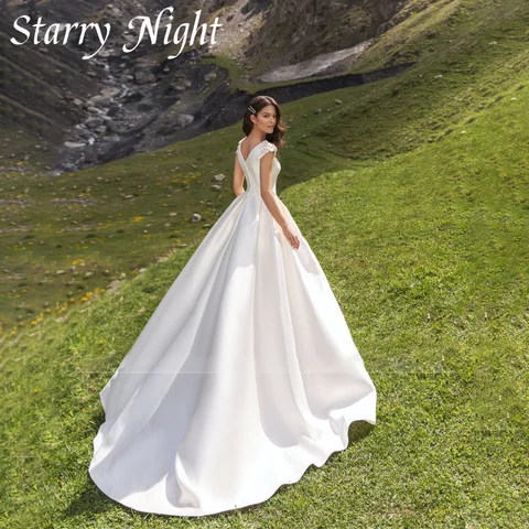 Modern Beadings Cap Sleeves Wedding Dresses O Neck  A Line Satin Wedding Gown Chapel Train Dresses 2022 robe de mariage mariée