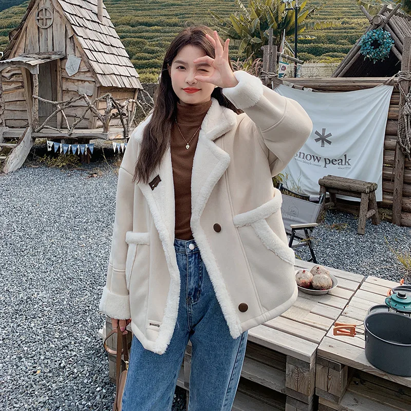 Lamb coat padded loose motorcycle clothes for women in winter