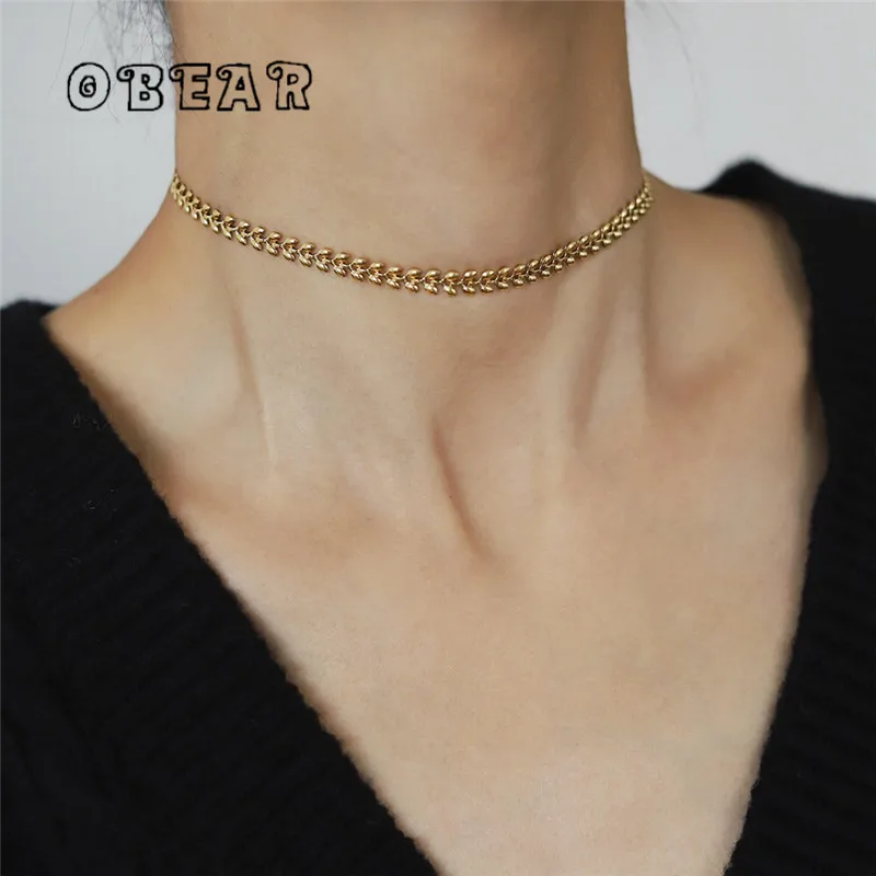 

Minimalist Three Wheat Short Stainless Steel Necklace for Women Plated 18K Gold Party Jewelry