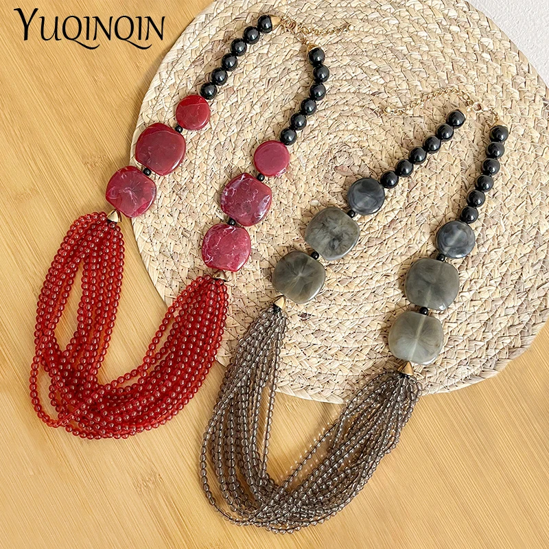 New Trendy Boho Colorful Resin Seeds Beads Necklaces for Women Handmade Bohemian Layered Pendant Necklaces Vintage Hot Jewelry