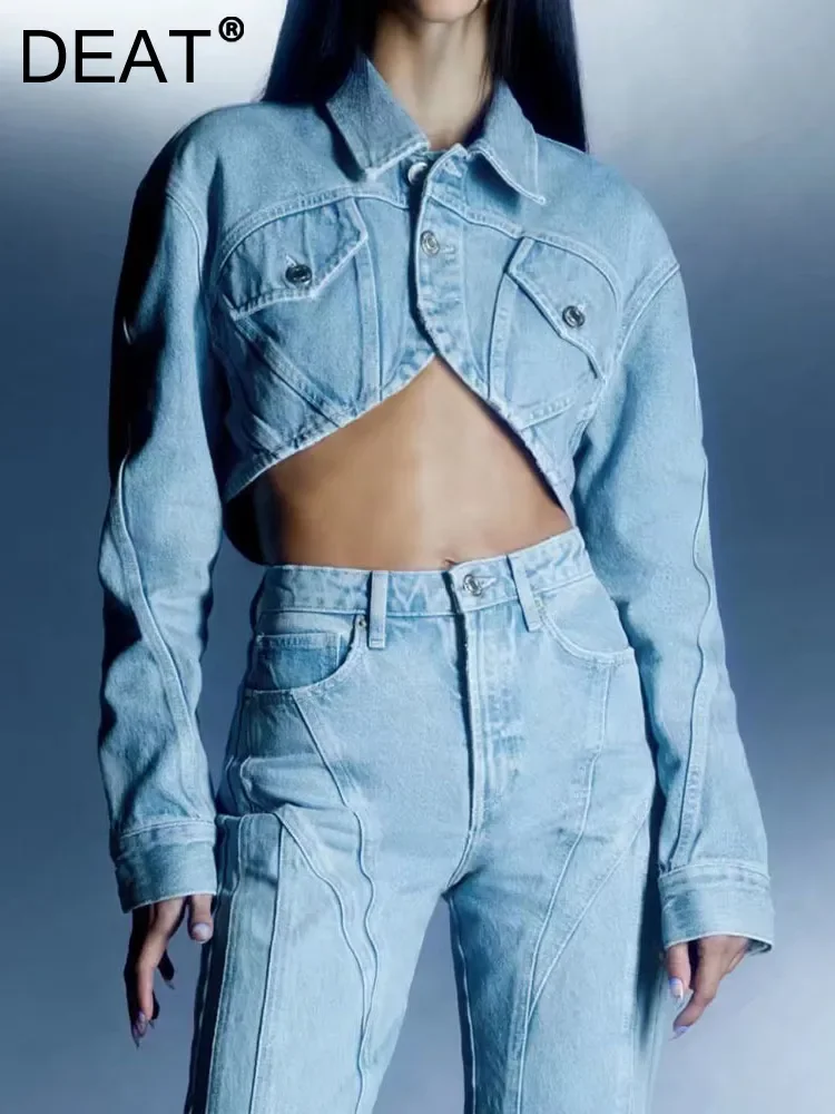 

DEAT Fashion Women's Short Denim Jackets New Lapel Long Sleeve Pocket Single Breasted Solid Coat Female Autumn 2023 17A1149