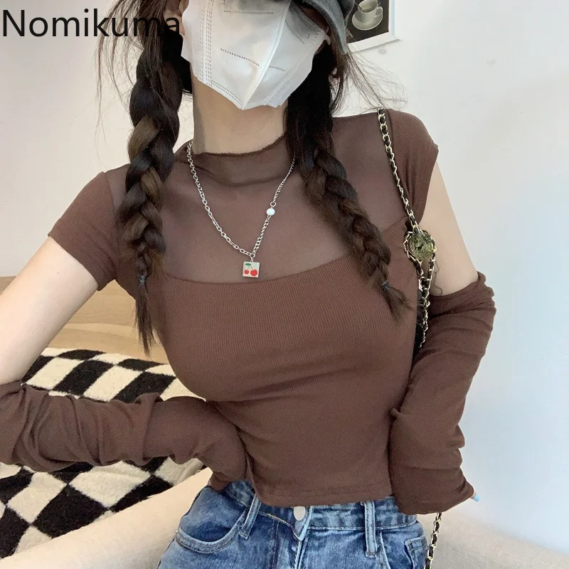 

Кроп-топ Nomikuma, весна-осень, воротник-стойка, марля, пэчворк, с вырезами, Y2k, элегантные пикантные модные уличные женские футболки