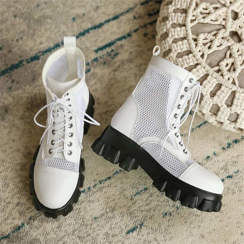 

Summer Women Boots 2023 Luxury Platform Black White Breathable Street Shot Plus Size Ankle Lace Up Lady Cool Boots
