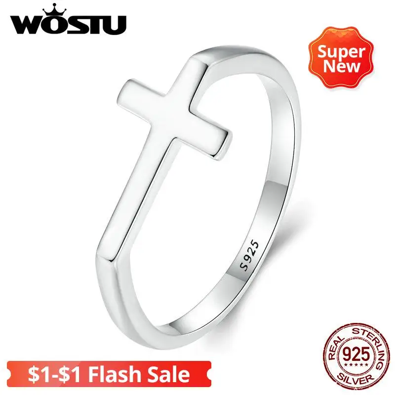 

WOSTU Vintage 925 Sterling Silver Simple Cross Ring Lucky Penk Rings For Women Girl Original Design Jewelry Party Birthday Gift