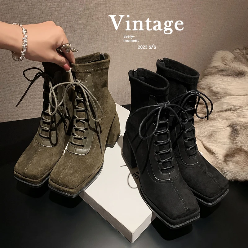 

2023 new Autumn winter Women ankle boots natural leather 22-25cm flock+pigskin modern boots back zip lace up platform boots
