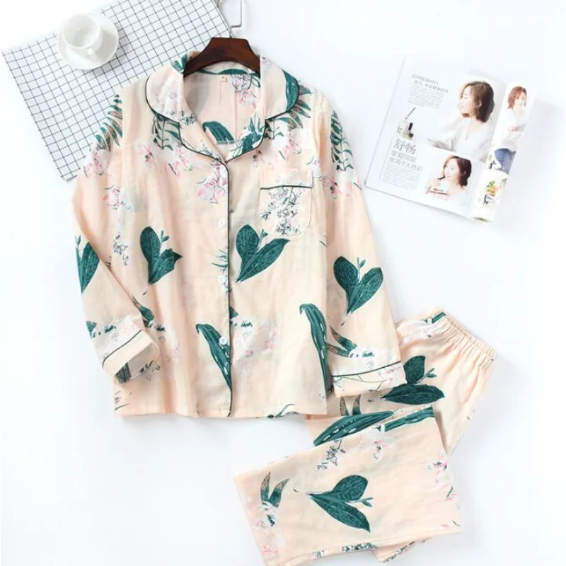 

High quality longsleeve cotton top and pants pajamas set double layer cotton gauze sleepwear