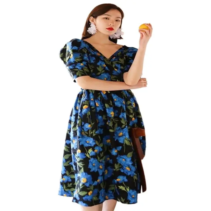 

Юбка женская хлопковая с V-образным вырезом, элегантная Слитная блузка с рукавами-фонариками, с цветочным принтом, голубого цвета, лето