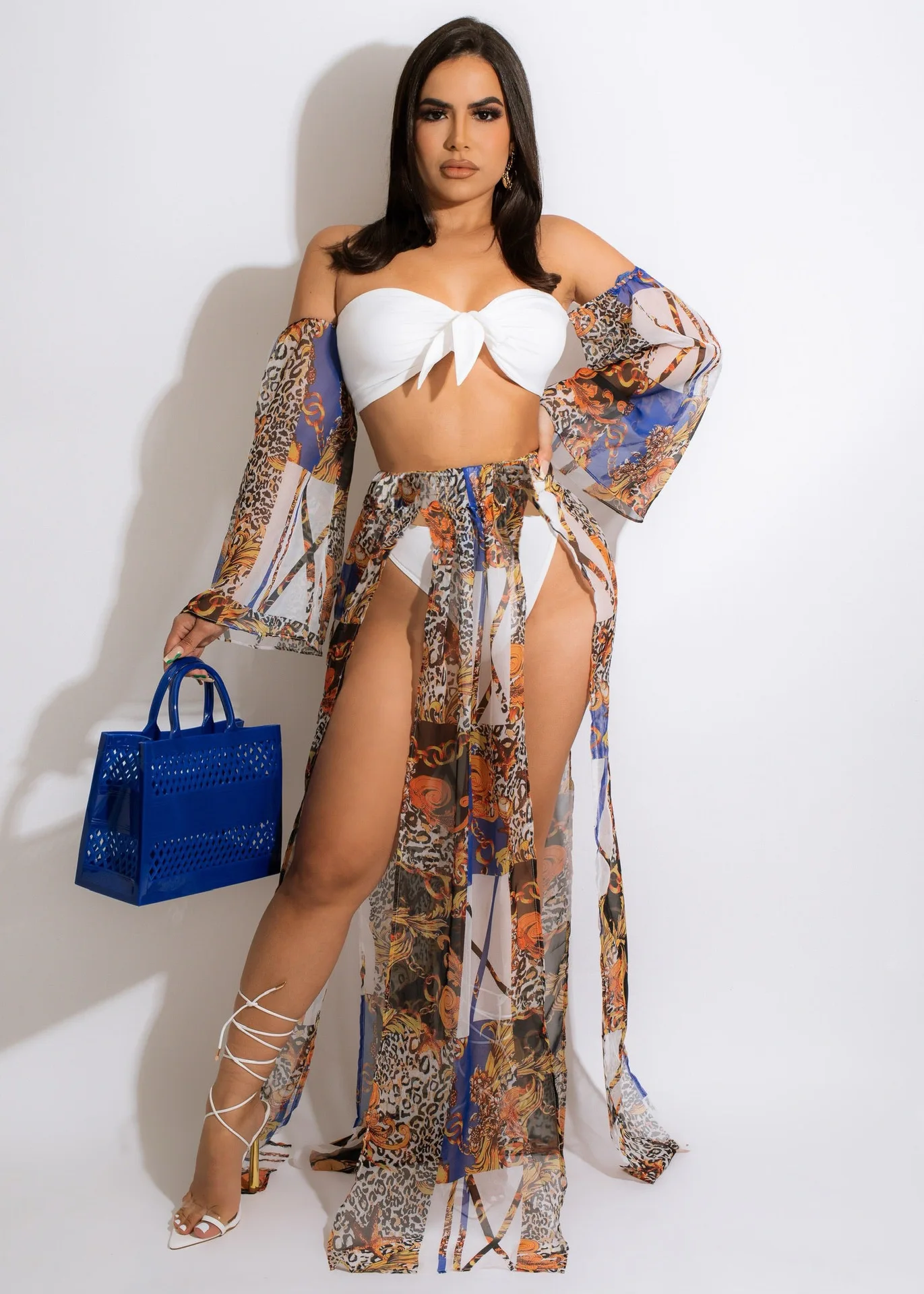 

Summer Women's New Split Swimsuit Fashion Sexy Wrap Chest Bikini Printed Mesh Long Skirt Beach Skirt Holiday Three-piece Set