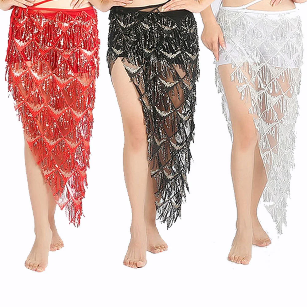 

Bellydance Sequin Tassel Hip Scarf Indian Dancing Fishtail Skirt Stage Performance Belly Dance Long Skirts Women Dancewear