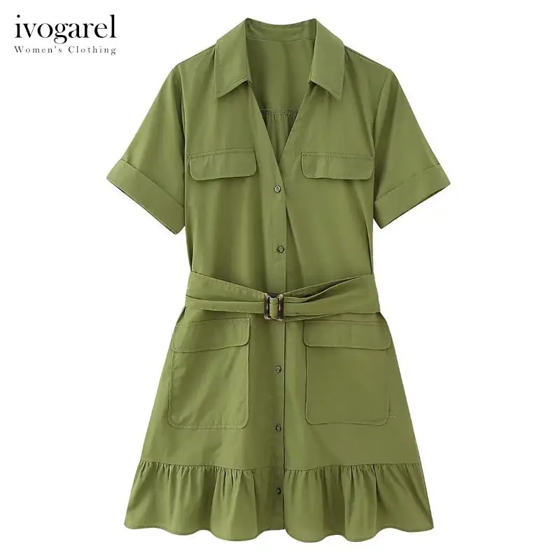 

Ivogarel Women's Elegant Poplin Dress with Collar, Belt, and Ruffled Hem, Summer Green Dress with Short Turn-Up Sleeves