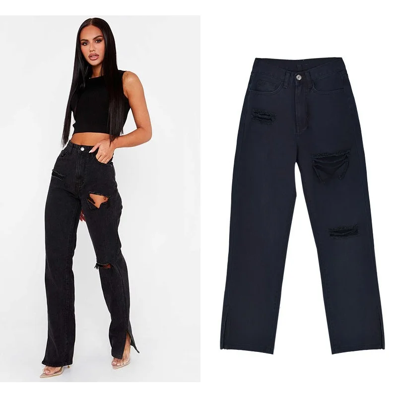 Street hipsters with holes and splits plus size women's jeans, flared pants and ripped jeans slouchy jeans