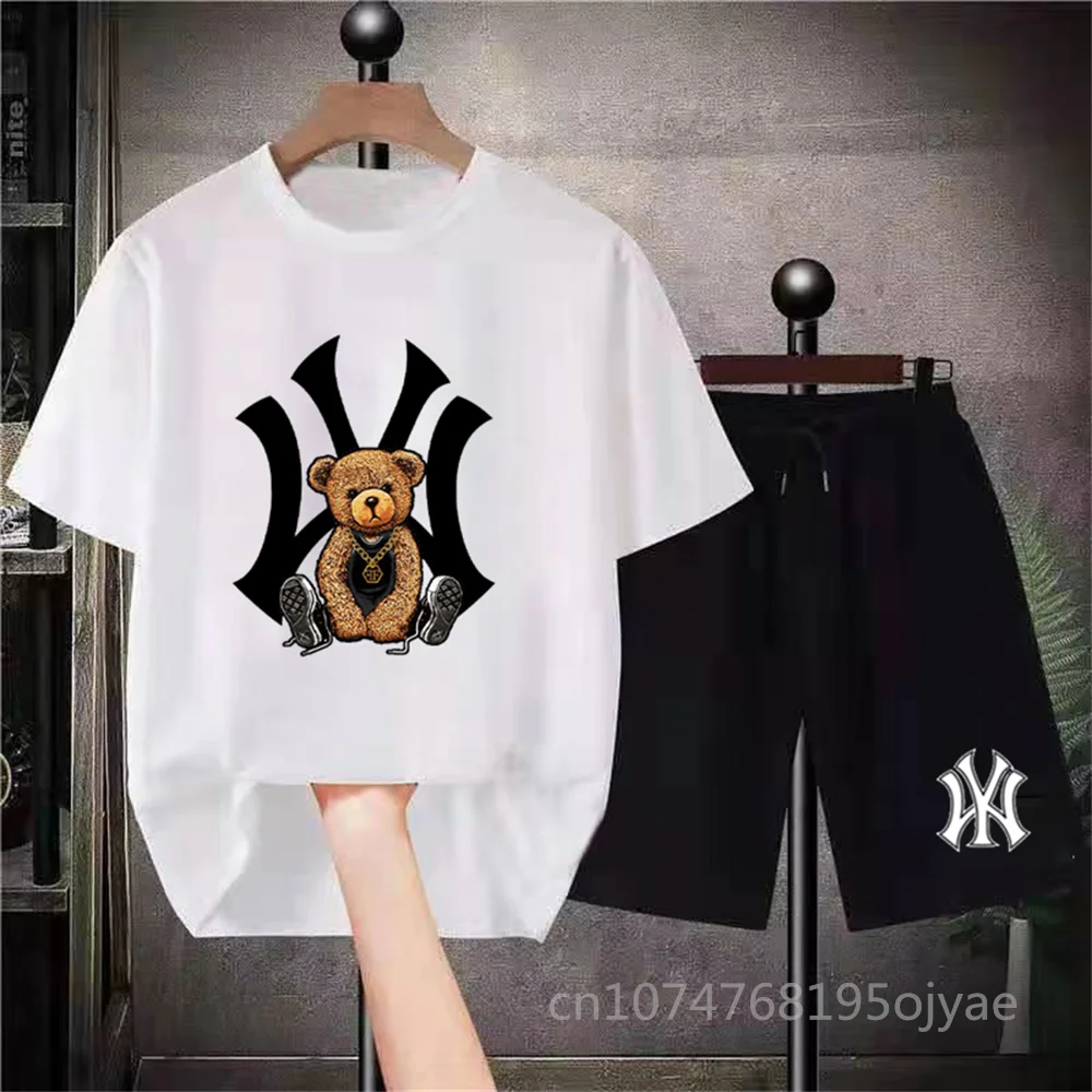 Summer Men's T-shirt + Shorts Suits Casual T Shirts Sport Set Bear Print Short Sleeve Tops Cotton Tracksuits Designer Streetwear