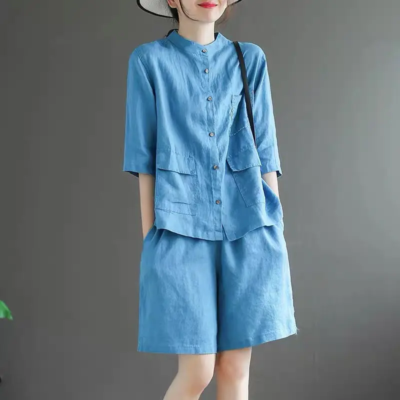 

Solid Color Cotton Linen Short Sets Women O Neck Button Up 2 Piece Suit Casual Half-Sleeve Shirt + Elastic Waist Shorts Set
