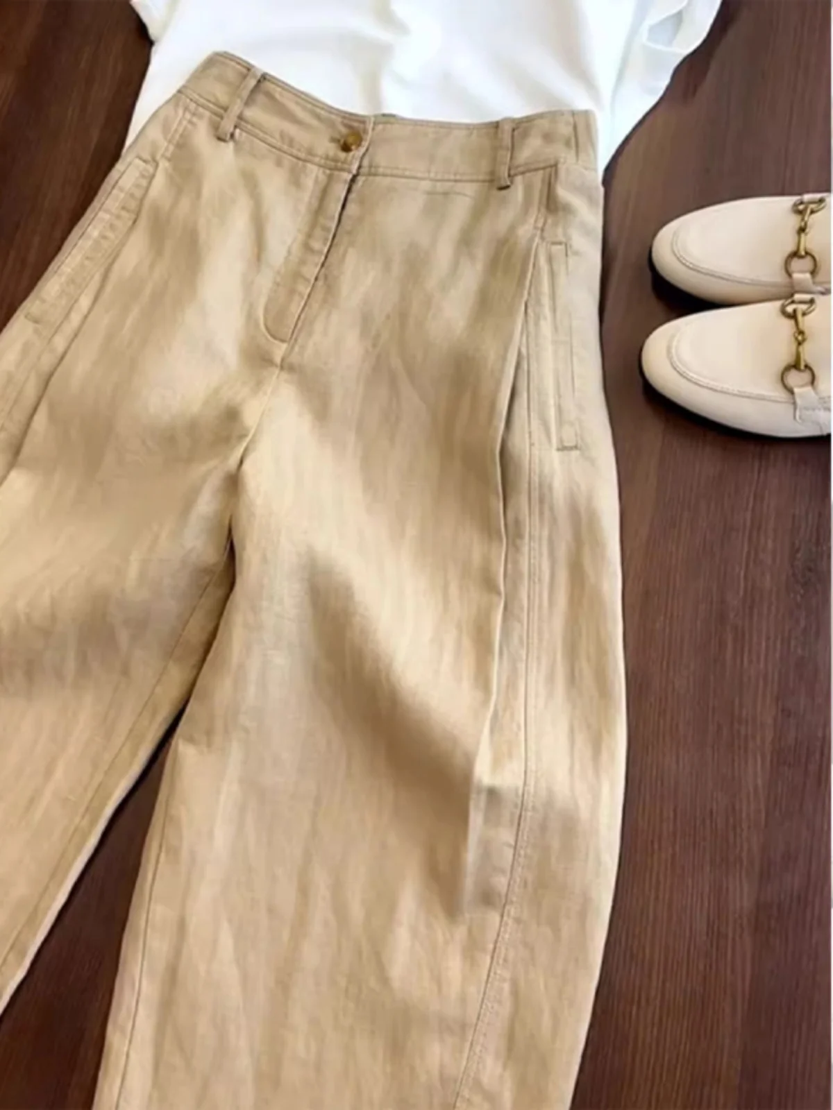 Стильные повседневные свободные брюки цвета хаки женская одежда на осень и зиму