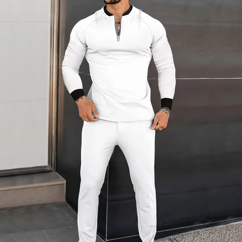 Spring and Fall long sleeved slim polo shirt + Pants 2 piece men's tracksuit Solid color casual V-neck zip-up tracksuit S-3XL