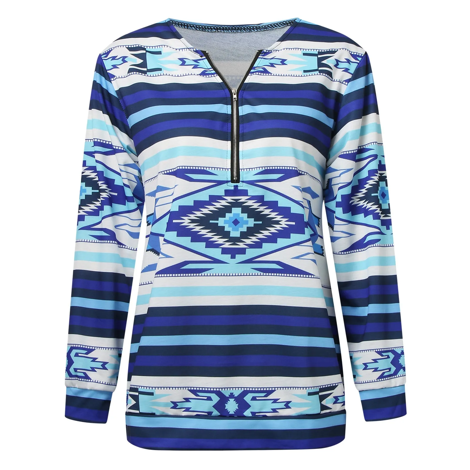 

Womens Casual Long Sleeve V Neck Zipper Vintage Ethnic Printed Hoodless Pullover Lightweight Sweatshirt Top Athletic Women