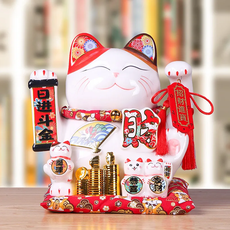10 Inch Ceramic Fortune Cat Maneki Neko Ornament Home Living Room Decoration Gift Feng Shui Lucky Piggy Bank Centerpiece NEW |
