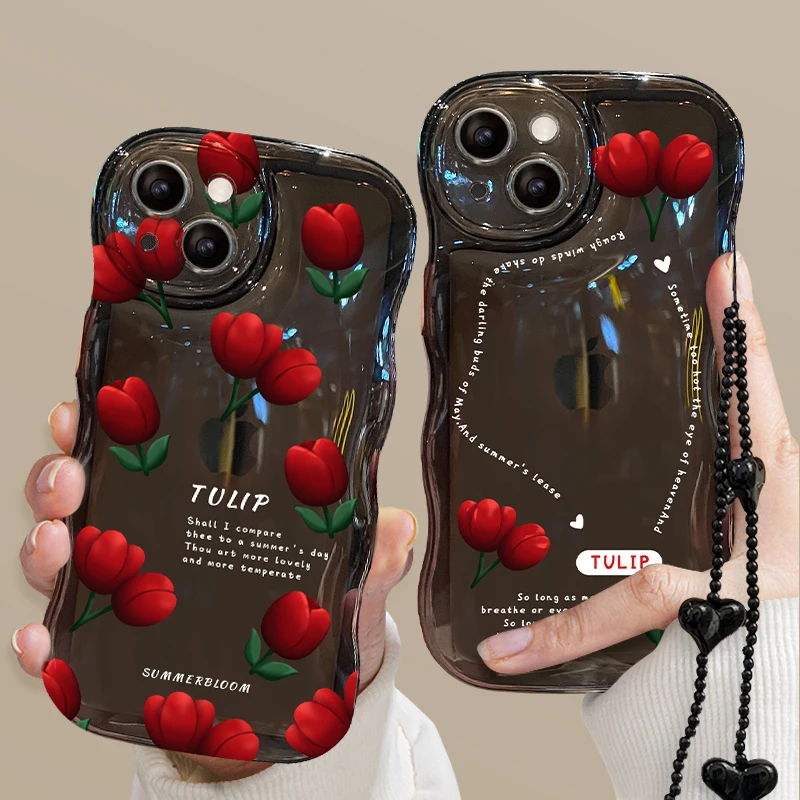 

Korean Cute Wave Rose Flower Love Heart Hang Chain Soft Case For iPhone 14 Pro Max 12 13 11 X XS XR 7 8 Plus SE Clear Cover