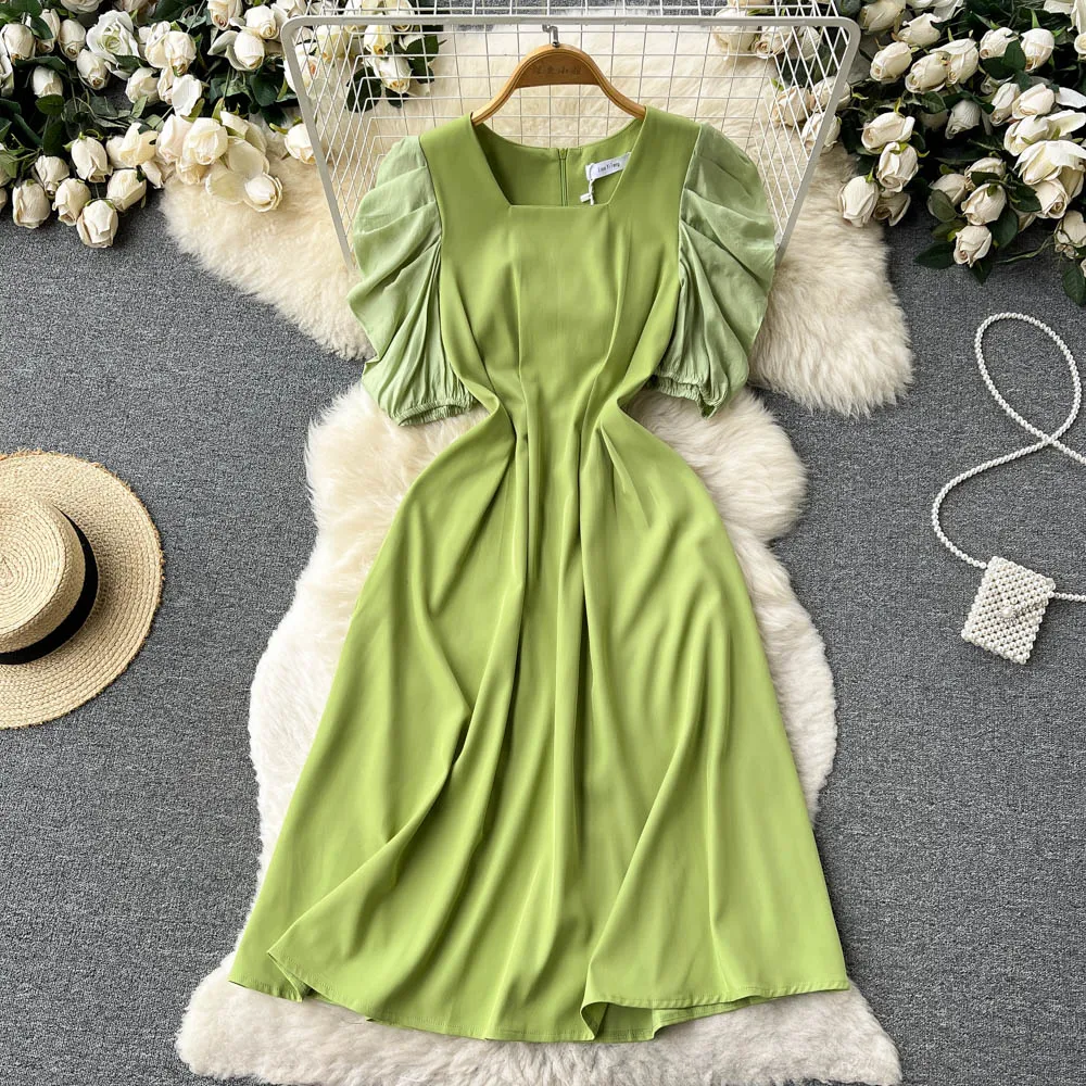 

Women New Fashion Elegant A-line Dress 2022 Summer Solid Color Square Neck Short Puff Sleeve Casual Clothes Korean Vestidos F207