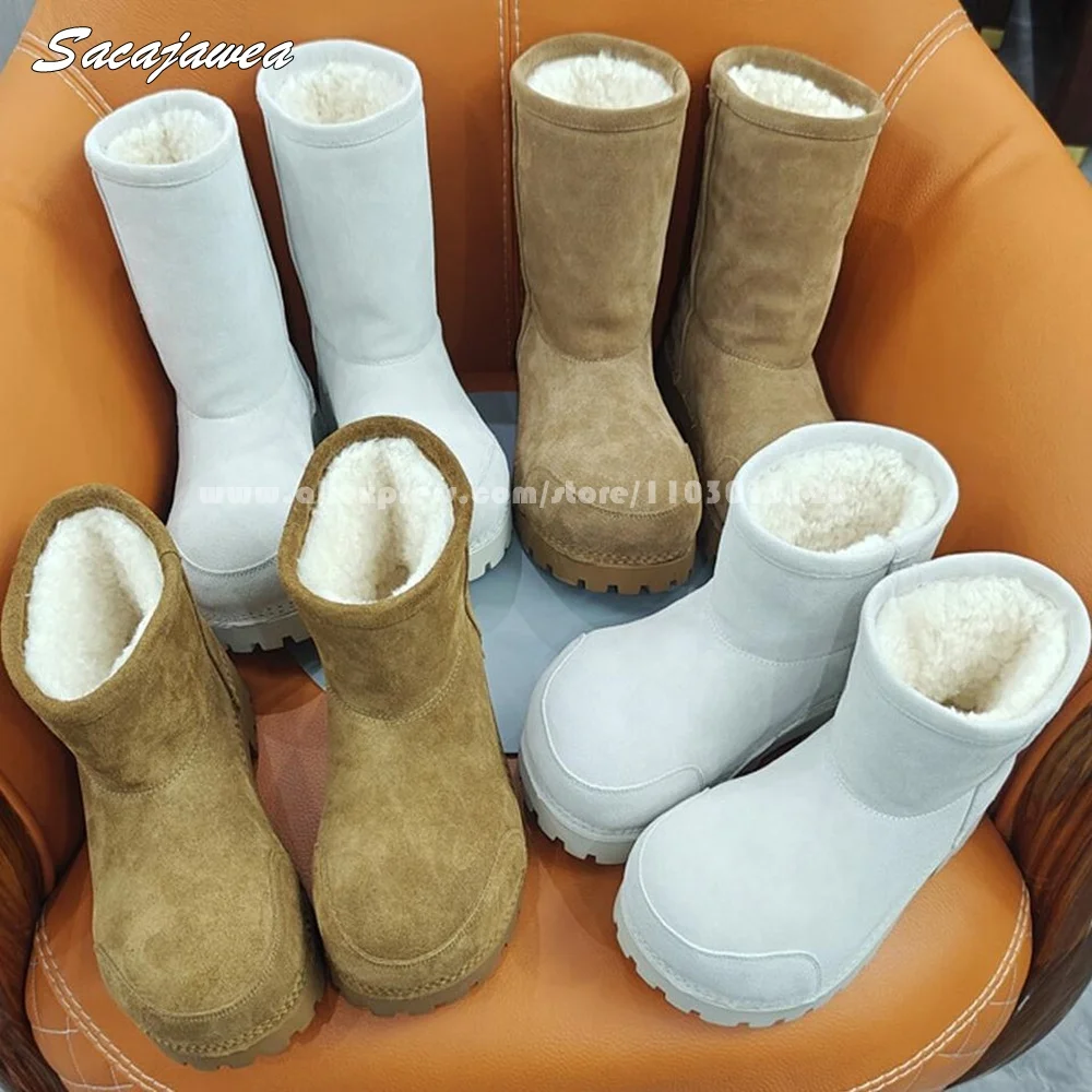 Коровья замша овечьи плюшевые однотонные женские зимние ботинки с круглым