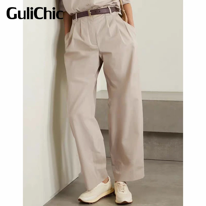 

10,7 GuliChic Женские Модные Удобные однотонные прямые брюки с высокой талией без пояса