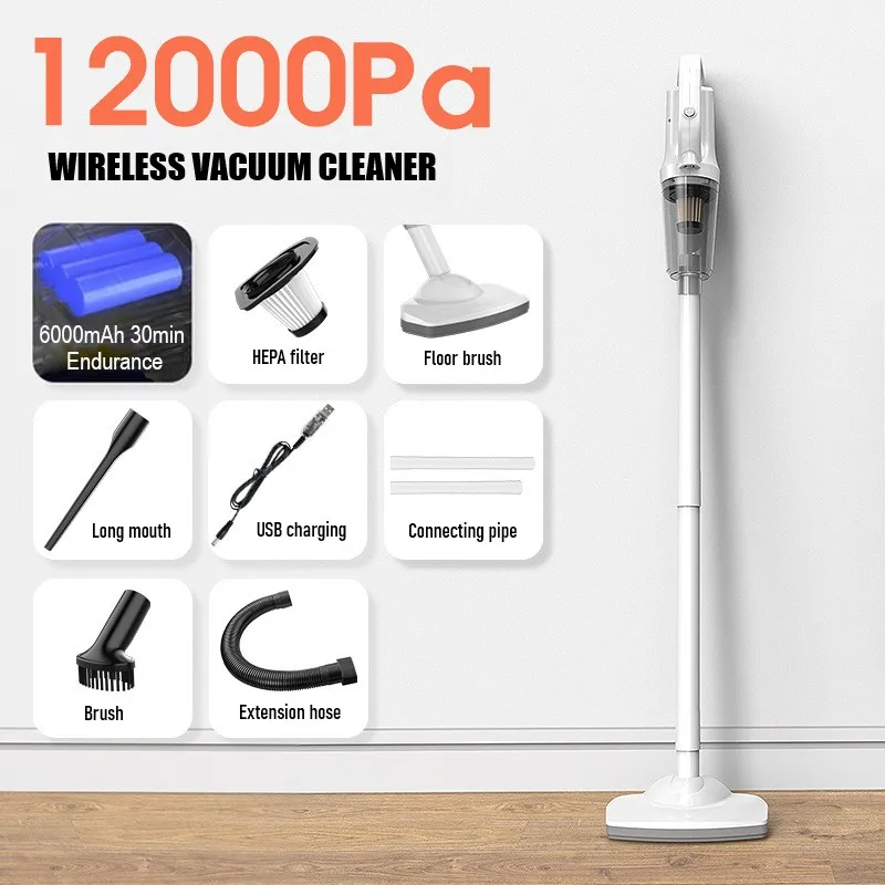 

White Cordless Portable USB Chargable Car Household Pet Hair Dual Use Vacuum Cleaner 120W12000pa Strong Suction Handheld Cleaner
