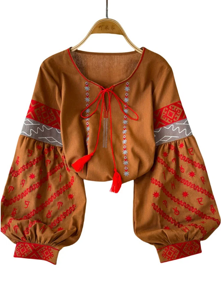 EWQ винтажный стиль дизайн вышивки женская блузка на шнуровке воротник-фонарики